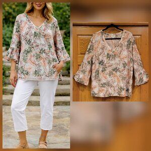 J. Jill Love Linen Flowy V Neck Tunic with 3/4 Length Flutter Sleeves Sz XL